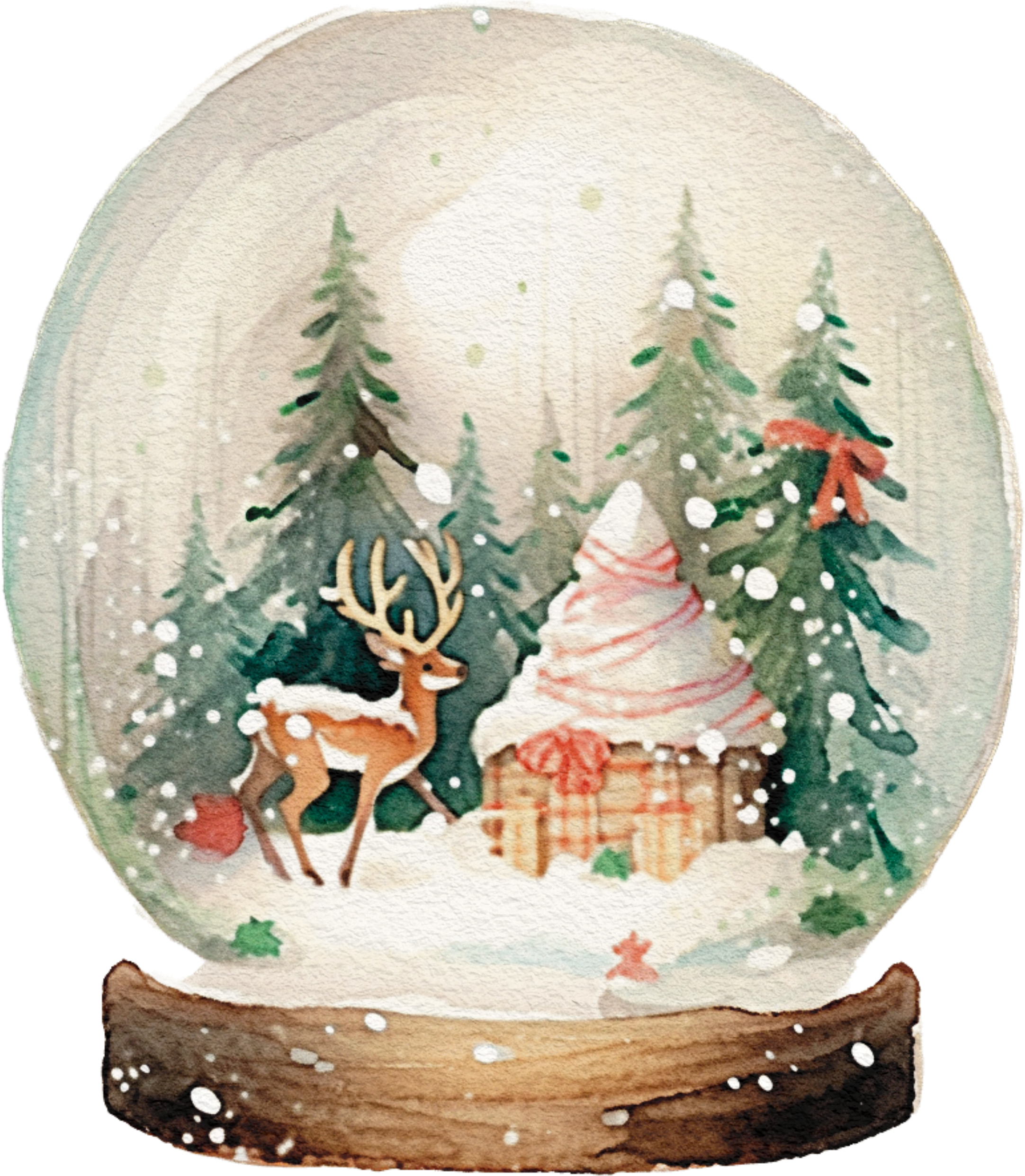 Palla di neve con casetta cupcake, renna e alberi