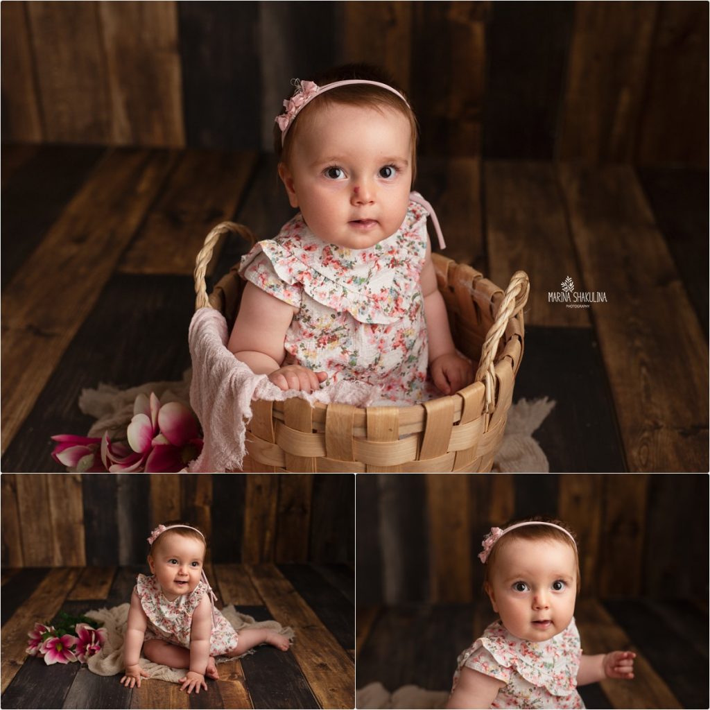 servizio bambini - bimba seduta in cesta con abito a fiorellini