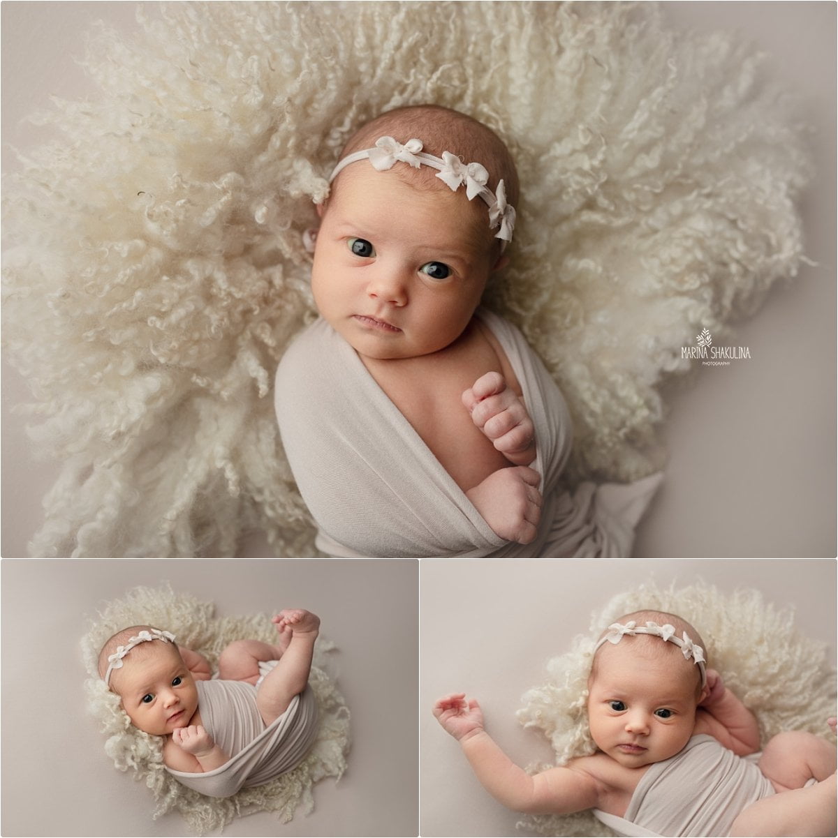 Neonata semi fasciata su tappetino di lana