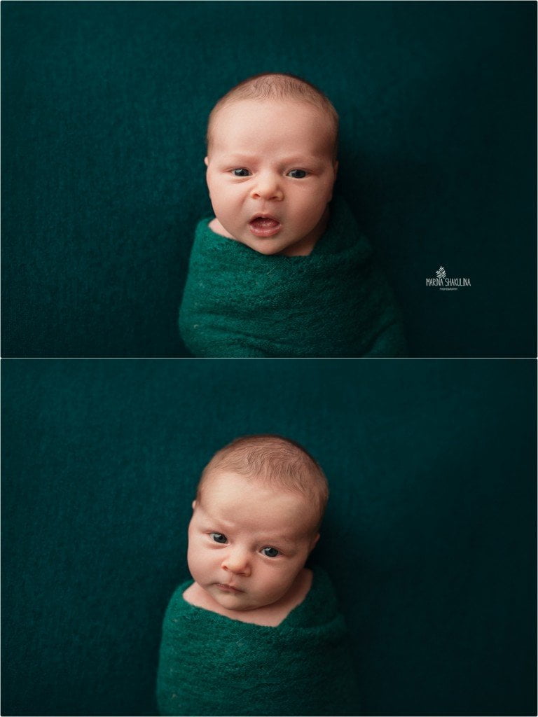 Fotografa neonati - bimbo fasciato in verde