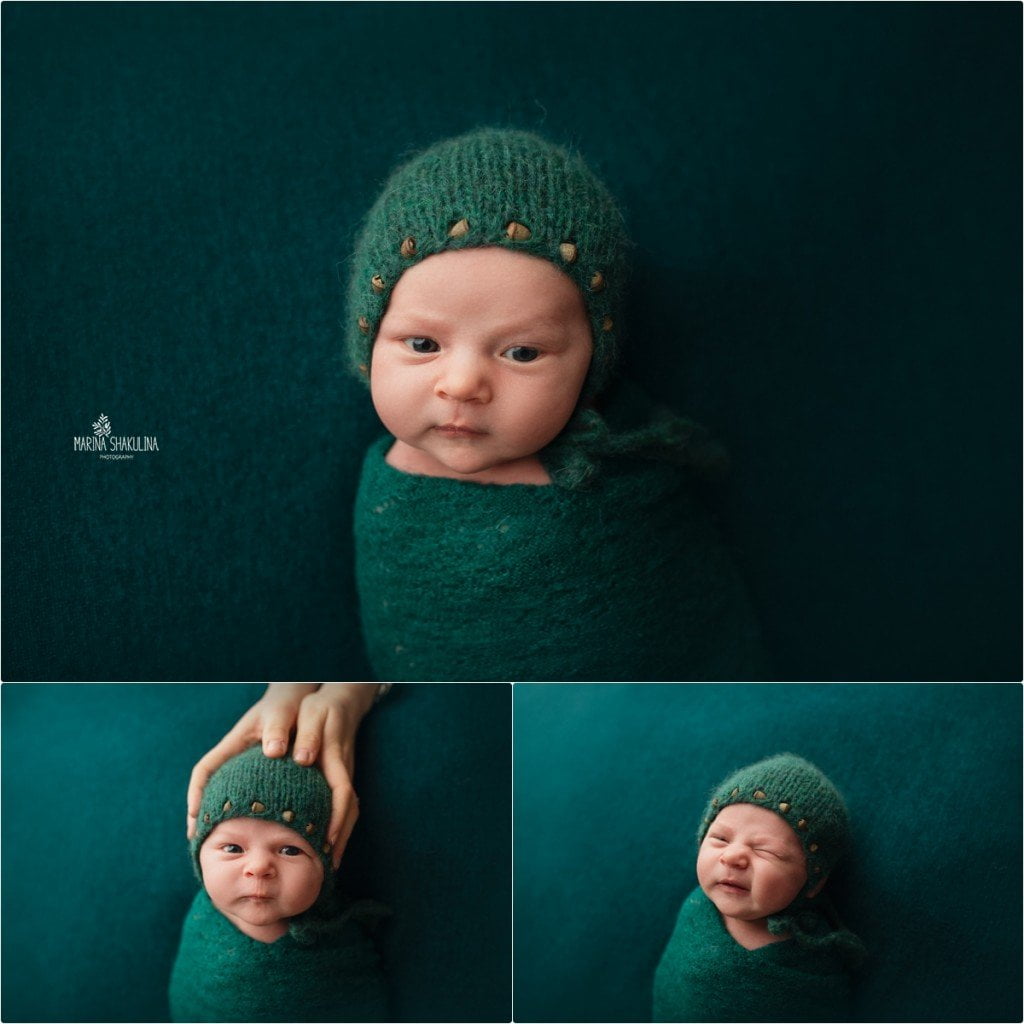 Fotografa neonati - bimbo fasciato in verde con berrettino