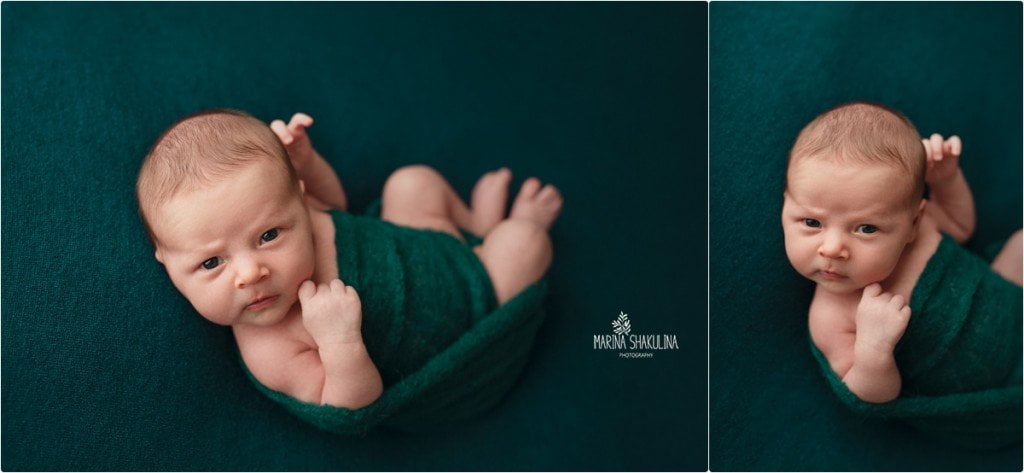 Fotografa neonati - bimbo fasciato in verde