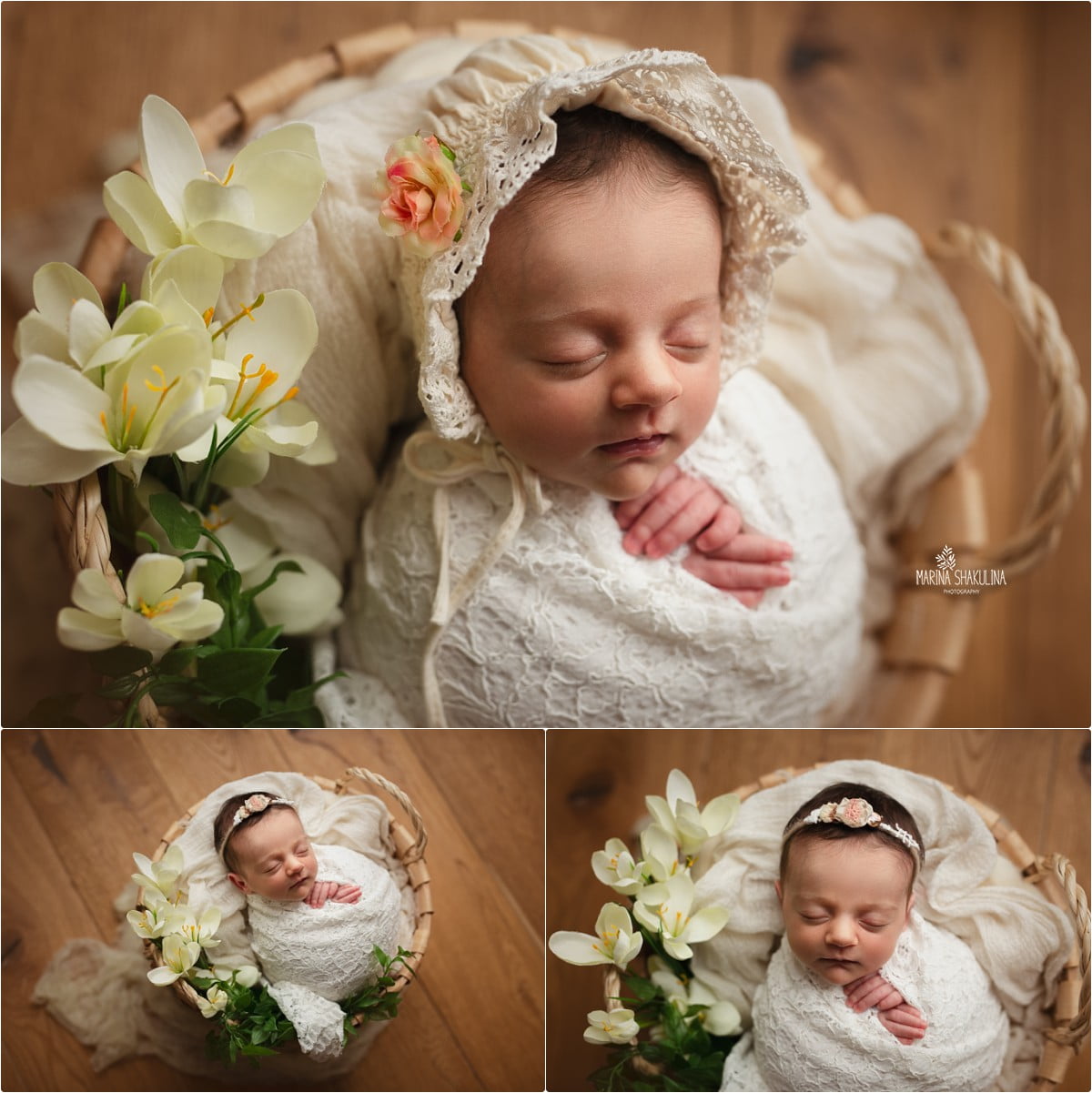 bimba fasciata in bianco in cestino con fiori - varie