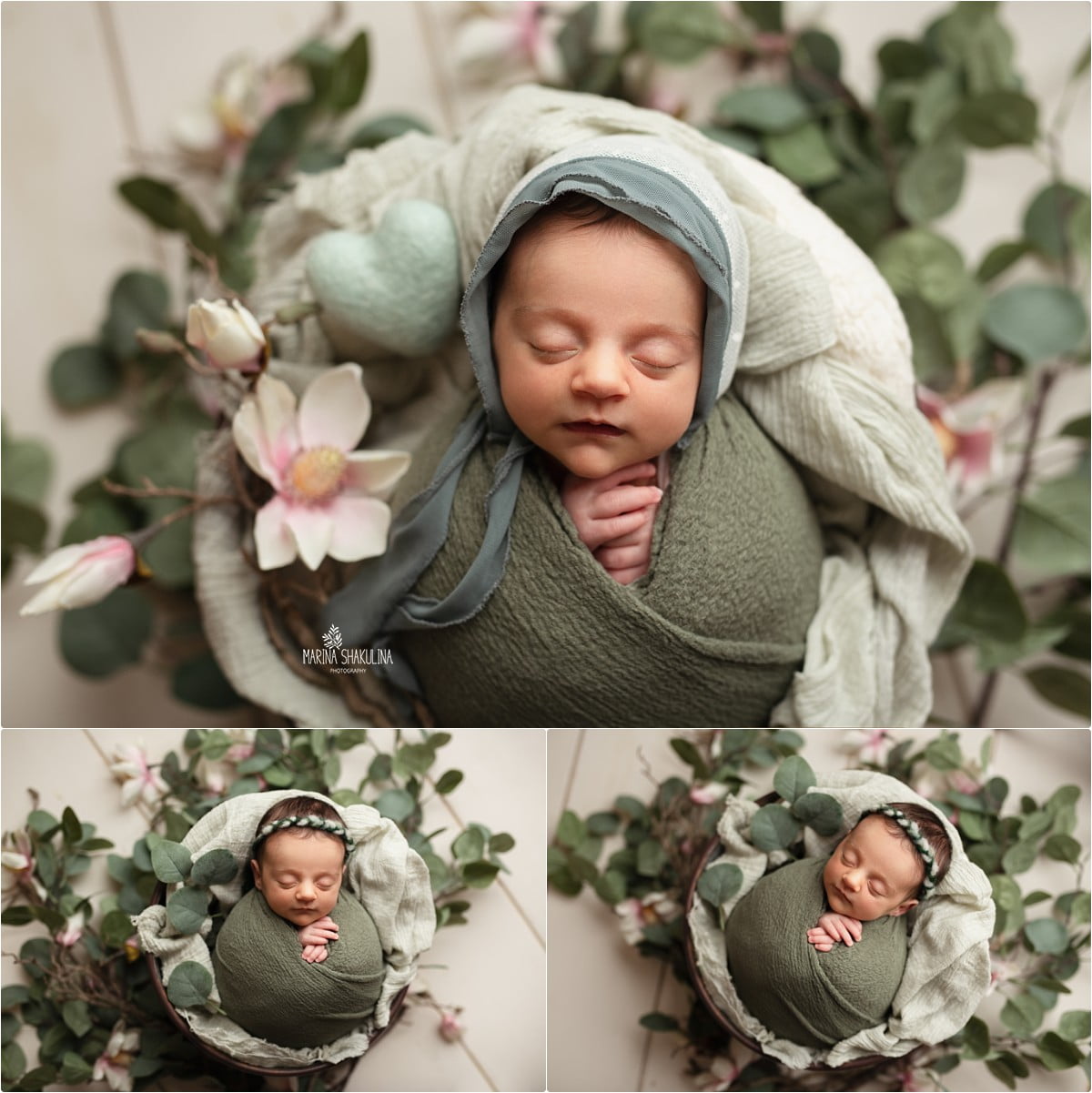 bimba fasciata in verde con cuffietta e fascetta in cestino con fiori