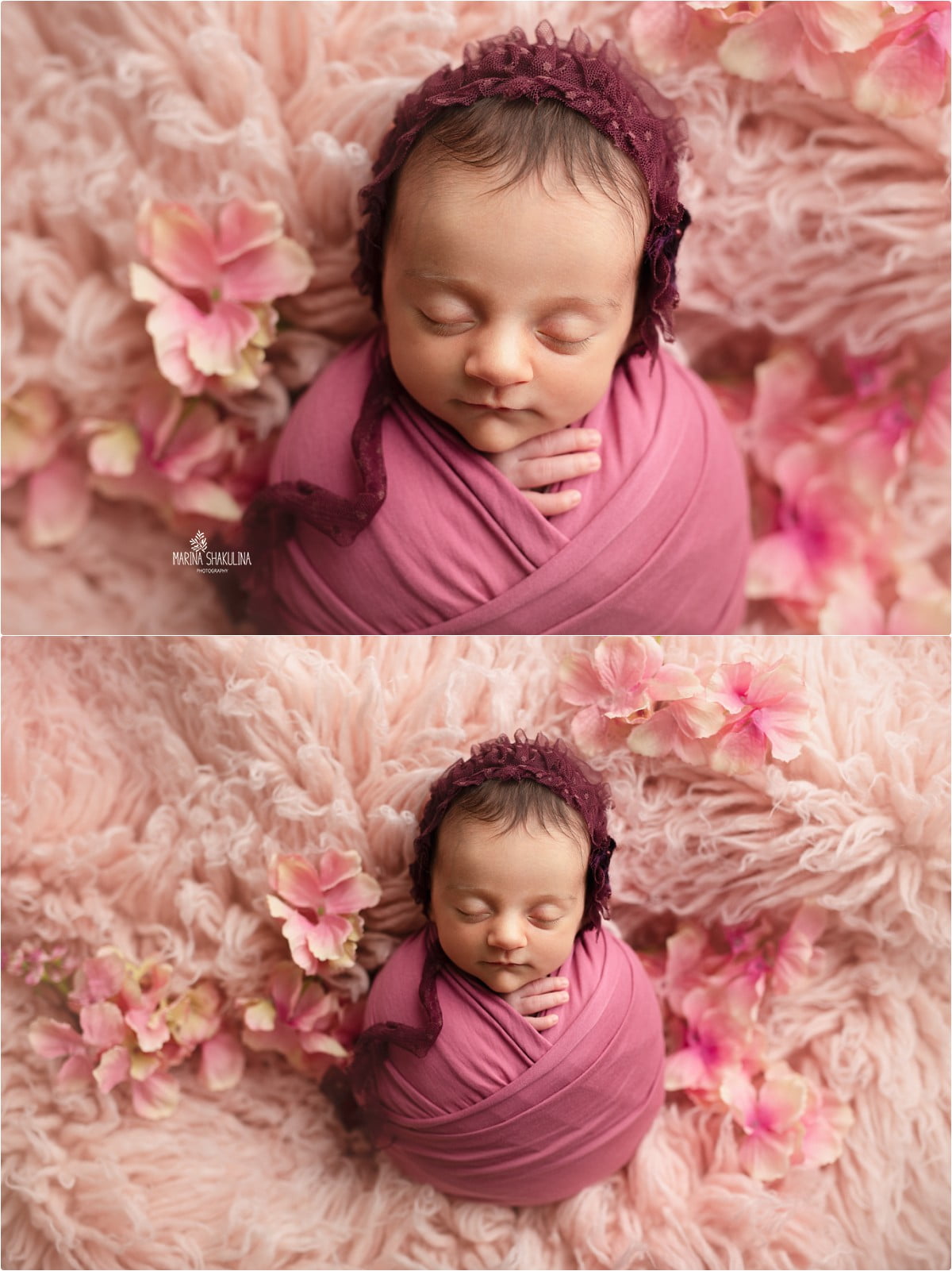 neonata fasciata in rosa con cuffietta su flokati rosa