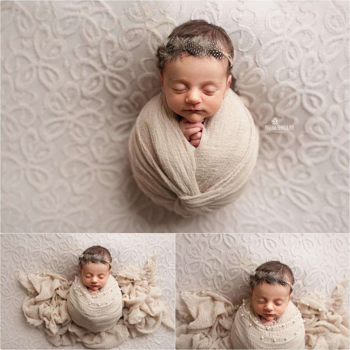 neonata fasciata in crema su wrap damascato con coroncina