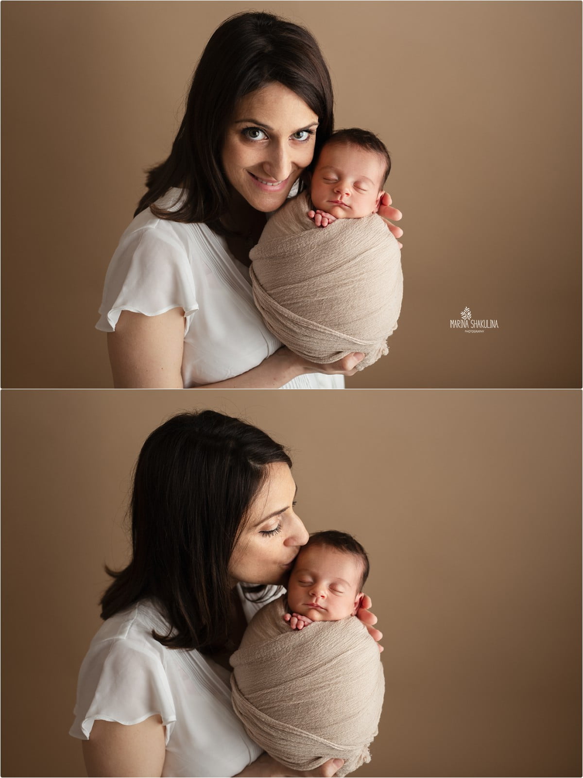 neonata in fascia beige in braccio alla mamma - bacino