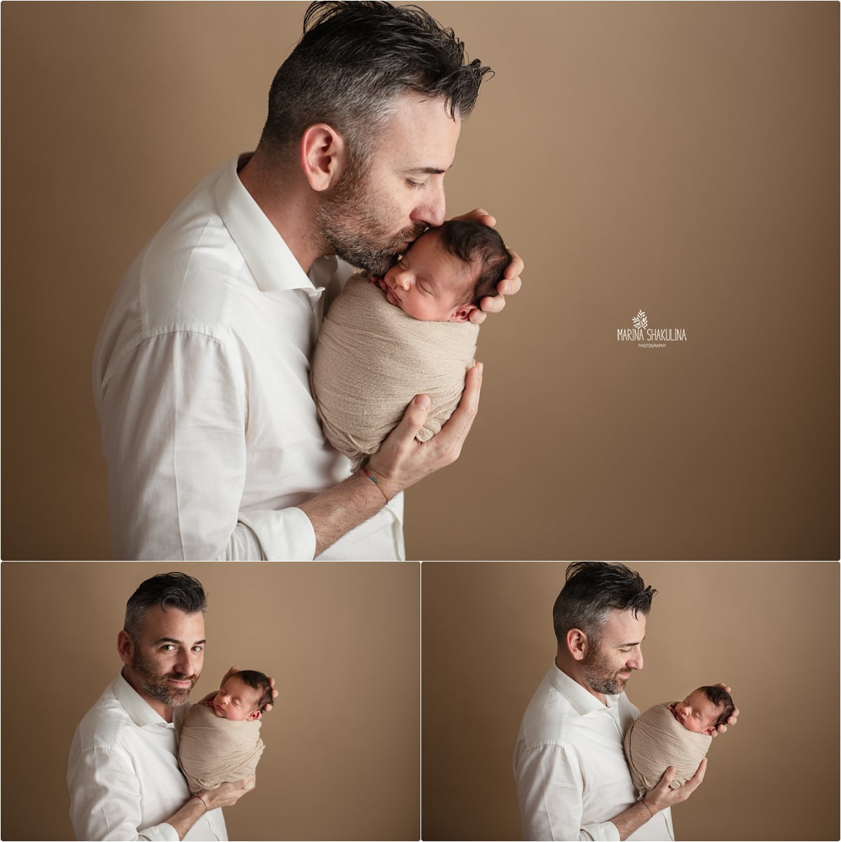 neonata in fascia beige in braccio al papà - bacino