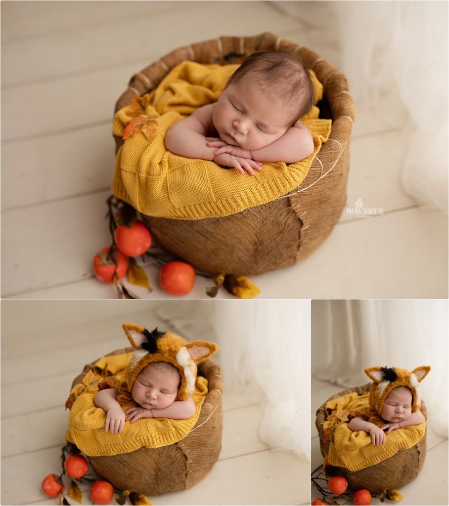 neonato in cestino con cappuccio da volpe