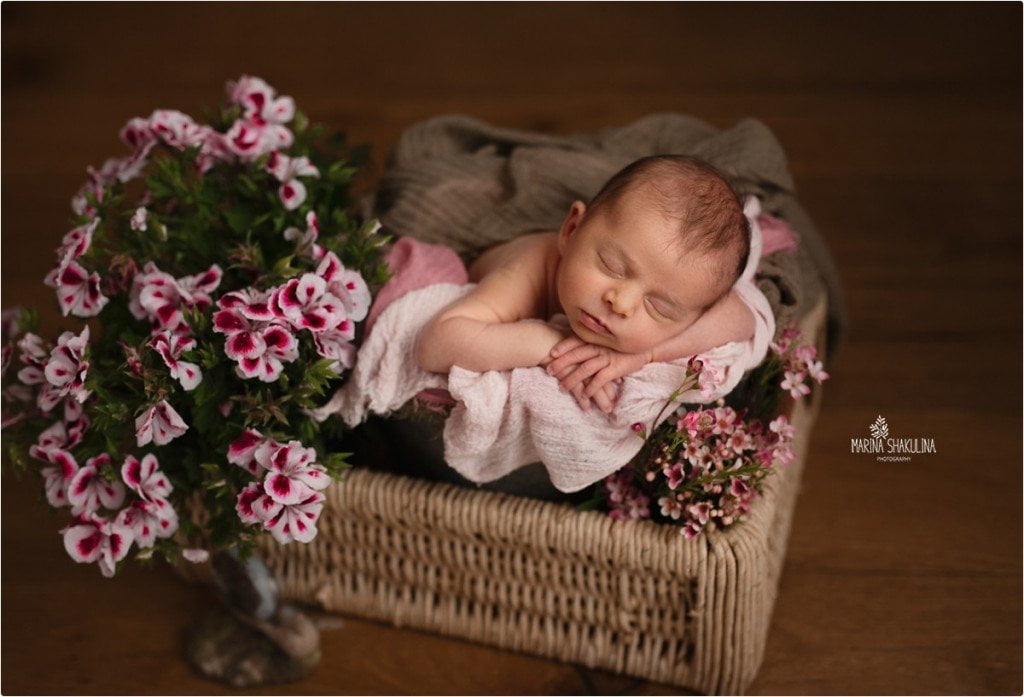 set fotografico newborn - nel cesto con i fiori