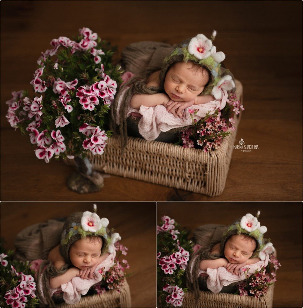set fotografico newborn - nel cesto con copricapo floreale