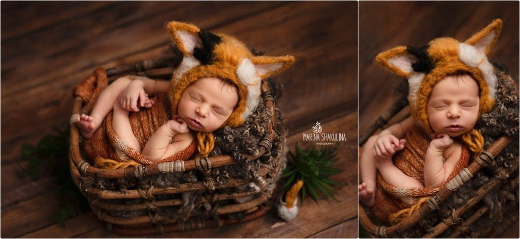 set fotografico newborn - bimbo nel cestino